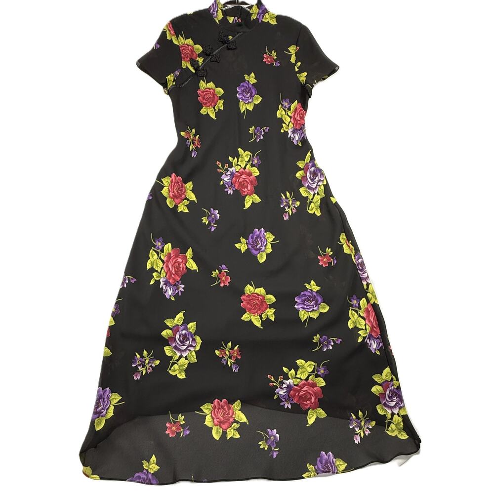 90s vintage Ronni Nicole black floral qipao cheongsam Sz 14 maxi dress - Picture 3 of 15